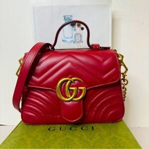 GUCCI Red GG Marmont Mini Top Handle Bag with Crossbody Strap